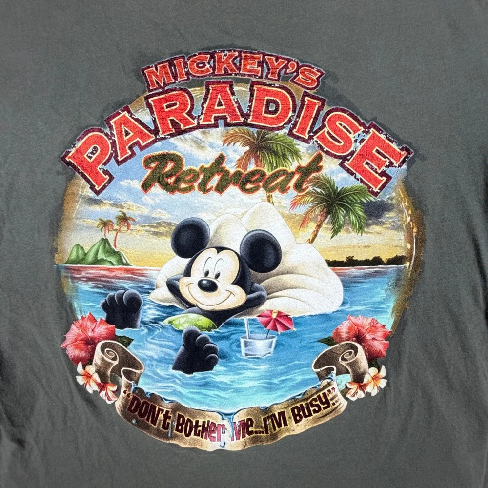 Disney Mickey Mouse Paradise Retreat Graphic T-Shirt Gray Mens L L/G